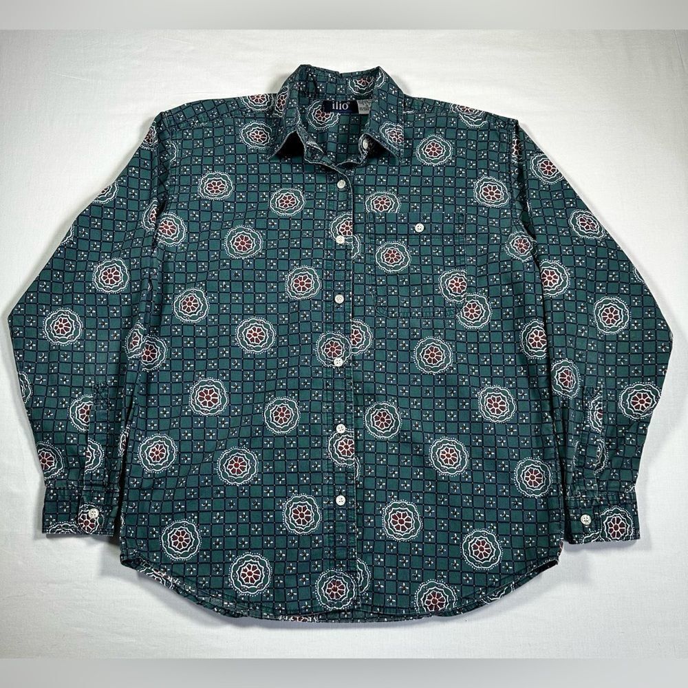 Vintage Ilio Long Sleeve Button Up Shirt Size Medium Green Retro Geometric 90s